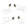 Cartoon bee icon set. Bee flying on a dotted route isolated on the white Royalty Free Stock Photo